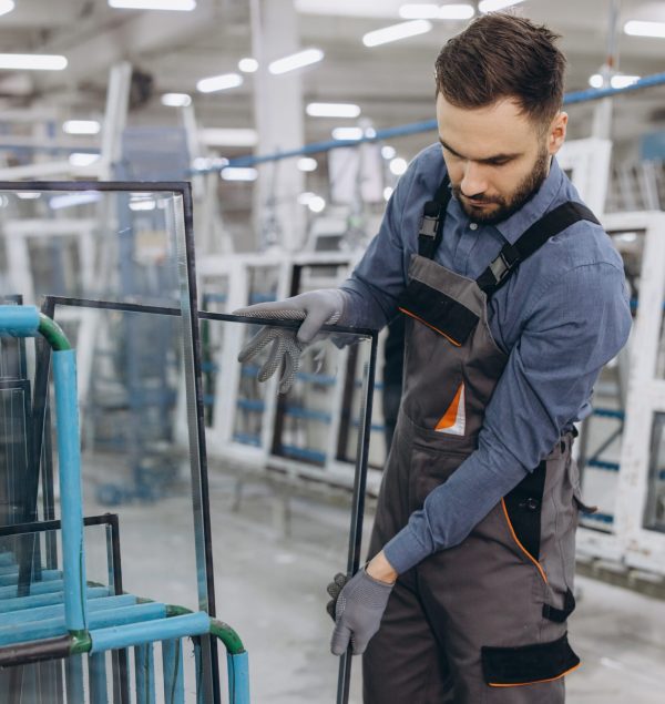 Factory worker wearing uniform and gloves checking glass pane in aluminum and pvc windows and doors production workshop